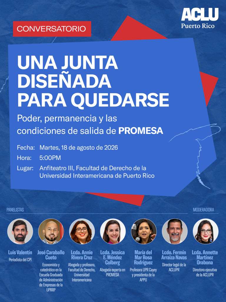 Banner del conversatorio "Una Junta diseñada para quedarse" y los nombres de los panelistas.